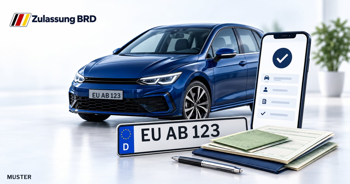 Online Fahrzeugzulassung in Mechernich: Musterkennzeichen EU AB 123, Auto und Fahrzeugpapiere und Smartphone. Illustration mit Logo von Zulassung BRD.